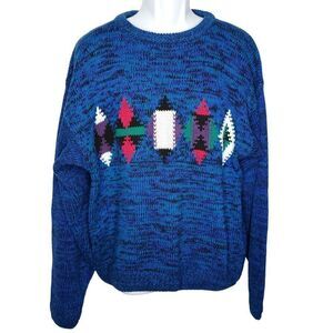 Vintage 80s Geometric Oversized Cotton Sweater XL Southwest Diamond Blue Black